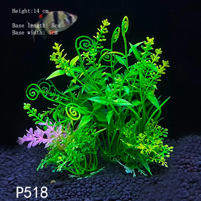 A vibrant artificial aquatic plant with green leaves and spiral structures is displayed against a dark background.