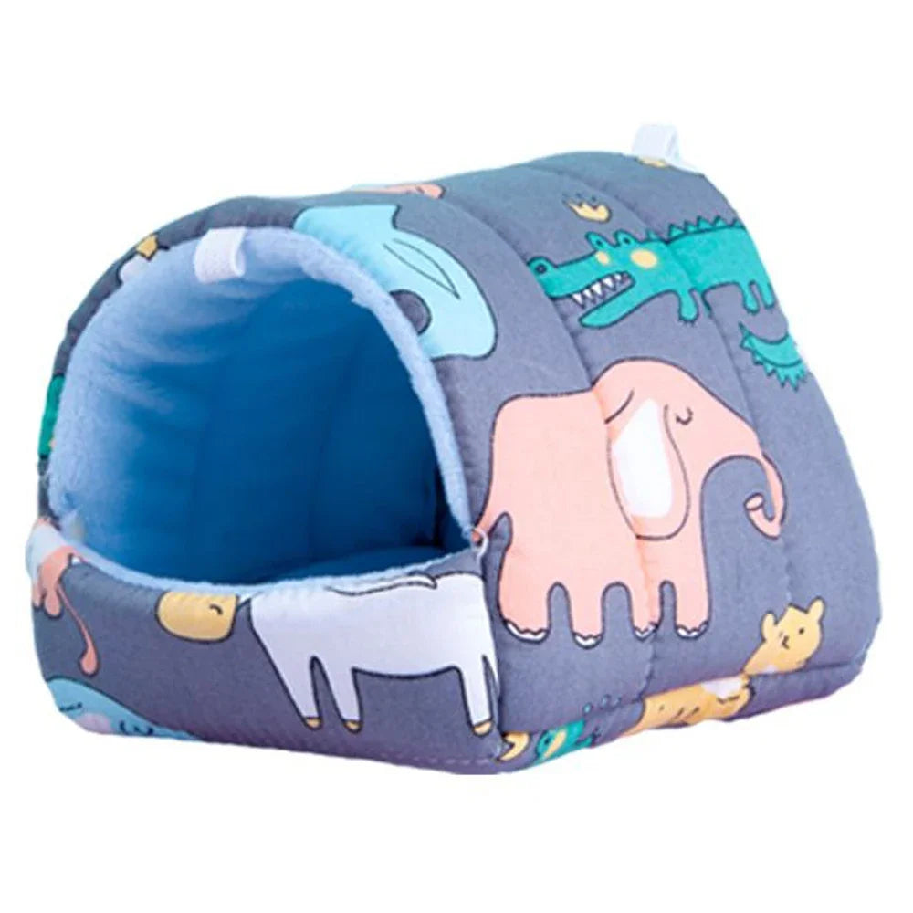 A soft, gray flannel pet nest bed shaped like an elephant and dinosaur for a small animal.