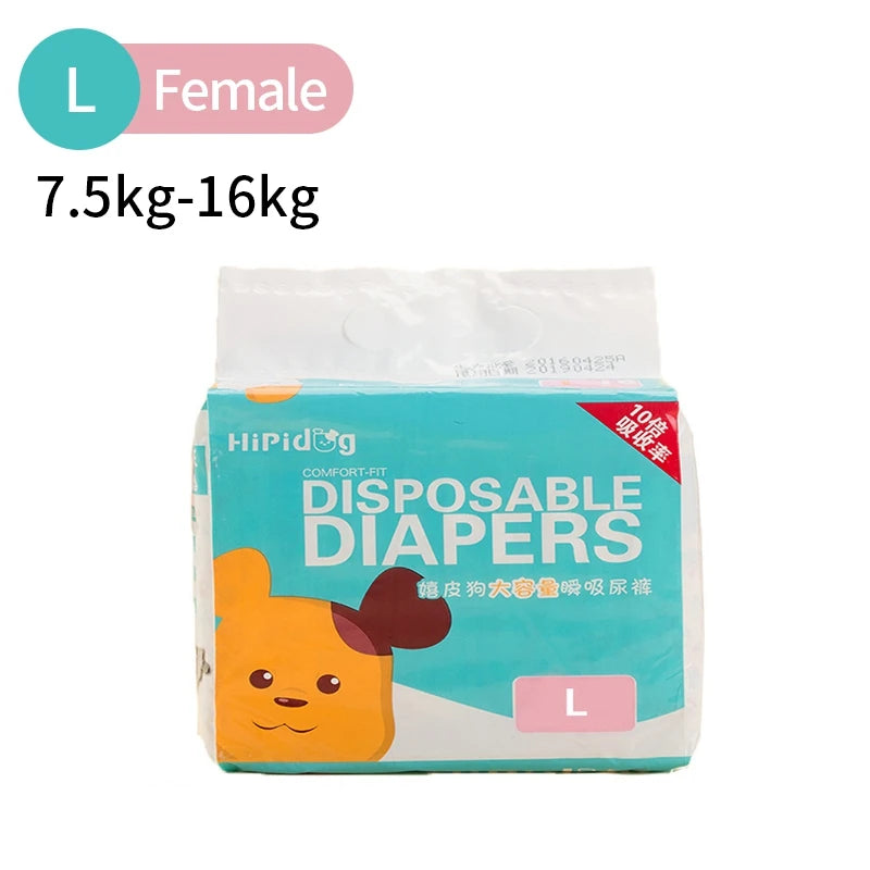 A package of disposable diapers for female dogs, labeled as L size, with a cartoon dog face on the front.