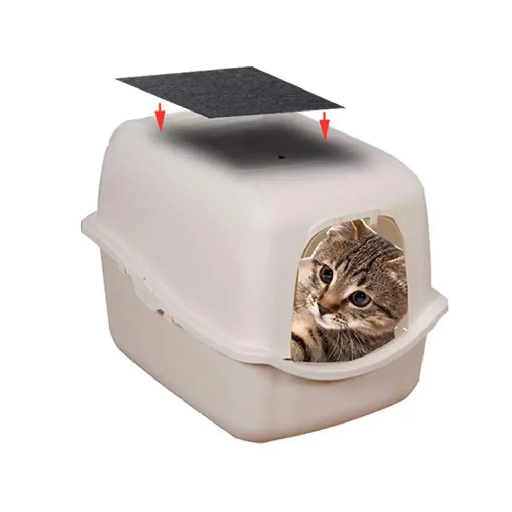 A white litter box with a removable lid and a black filter pad placed on top.
