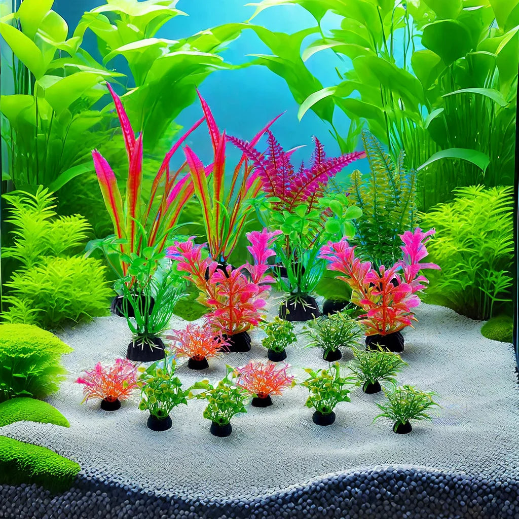 A vibrant display of 18 artificial aquarium plants in various shades of green and pink set against a clear blue background.