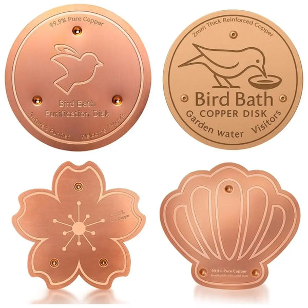 A set of copper bird bath disks including a round purification disk and a flower-shaped disk.
