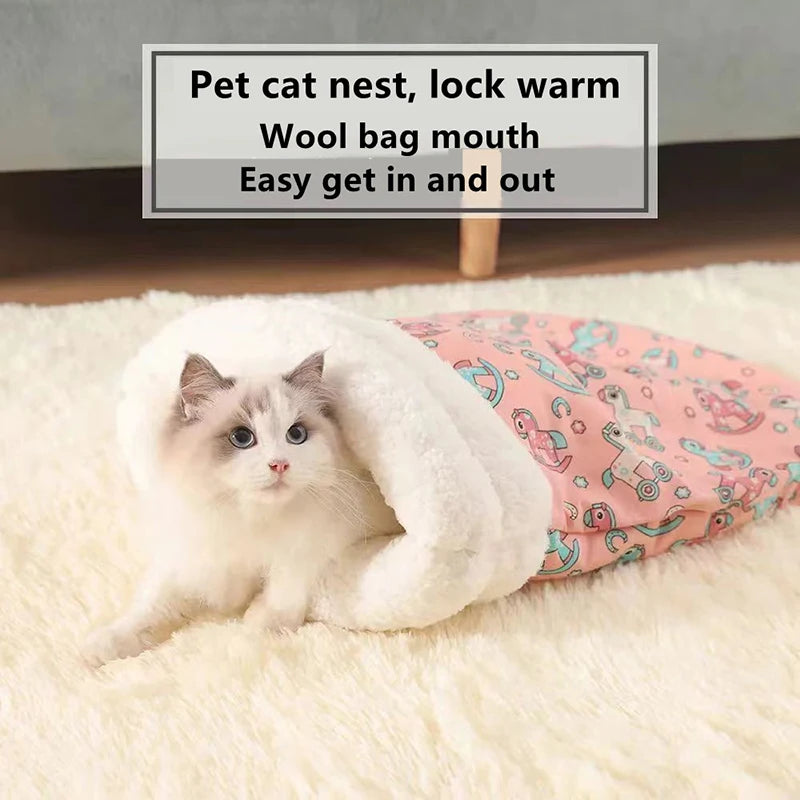A fluffy white cat is nestled inside a soft, wool-lined pet cat nest on a white rug.