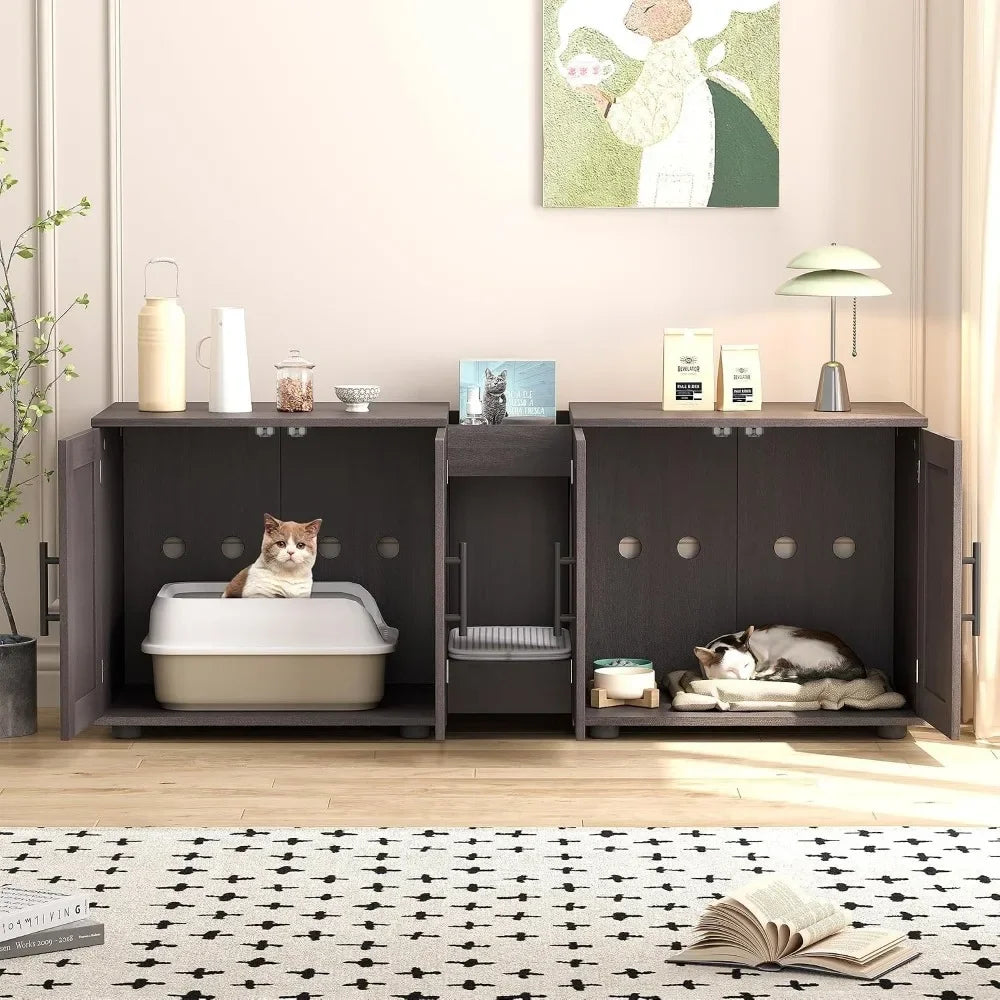 A dark wood storage cabinet with compartments for a cat litter box and various household items.