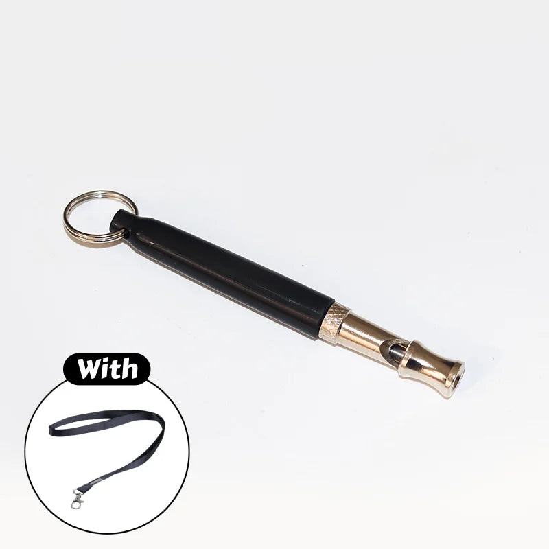A black ultrasonic dog training whistle with a silver tip and attached lanyard.
