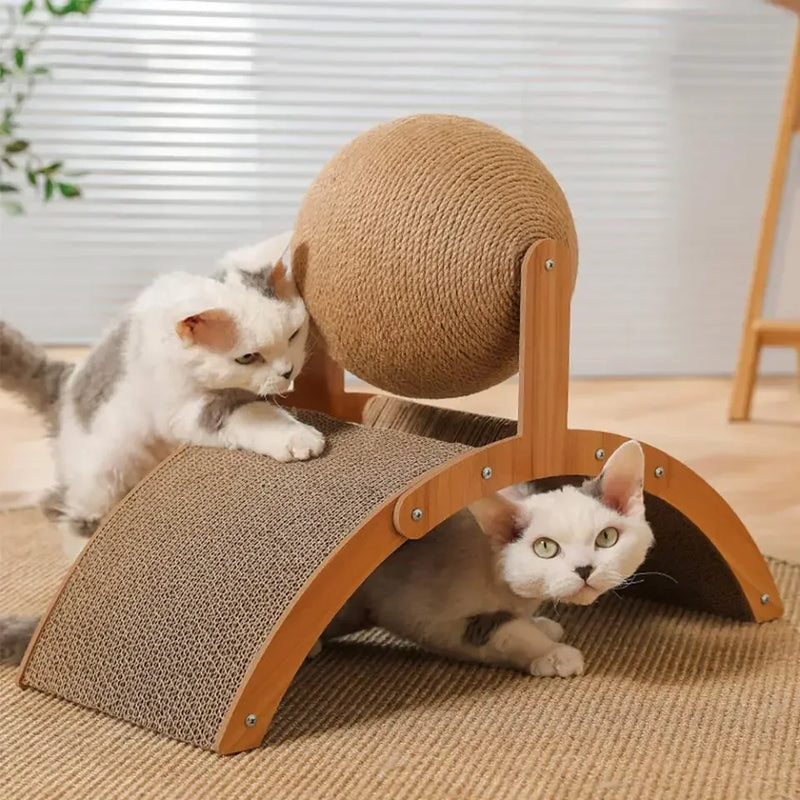 Balle à griffer 2-en-1 pour chat avec support en bois