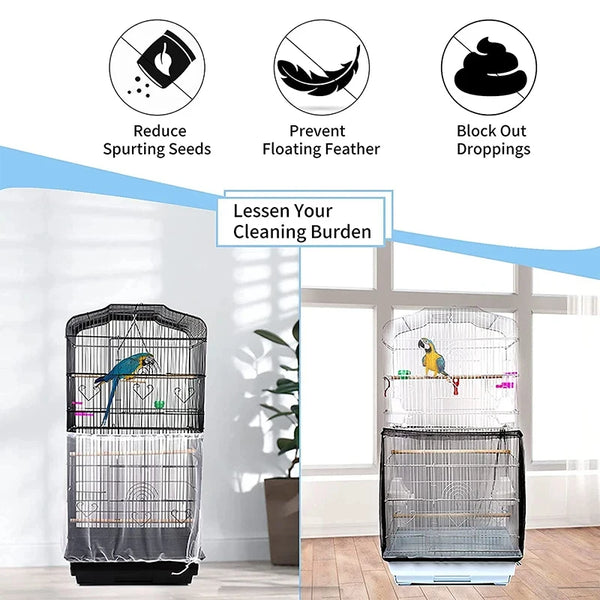 Cage à oiseaux avec filet de protection et collecteur de graines, conçu pour réduire les graines projetées et empêcher les pl