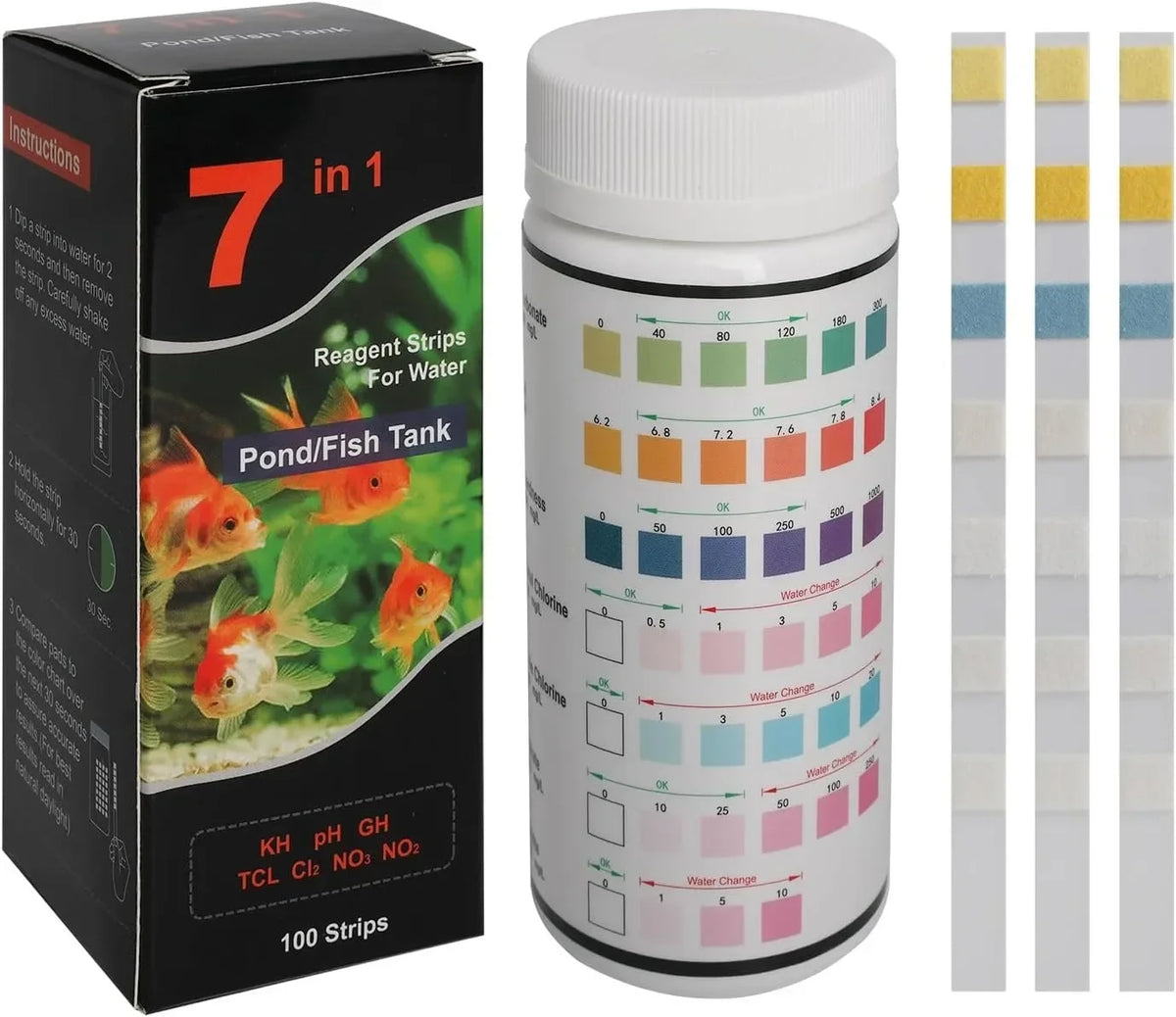 Box of 7 in 1 reagent strips for water testing, next to a white plastic container.