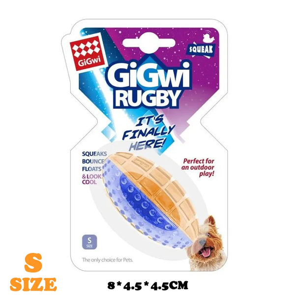 A package of Gigwi Rugby squeaky dog balls for fetch and play.