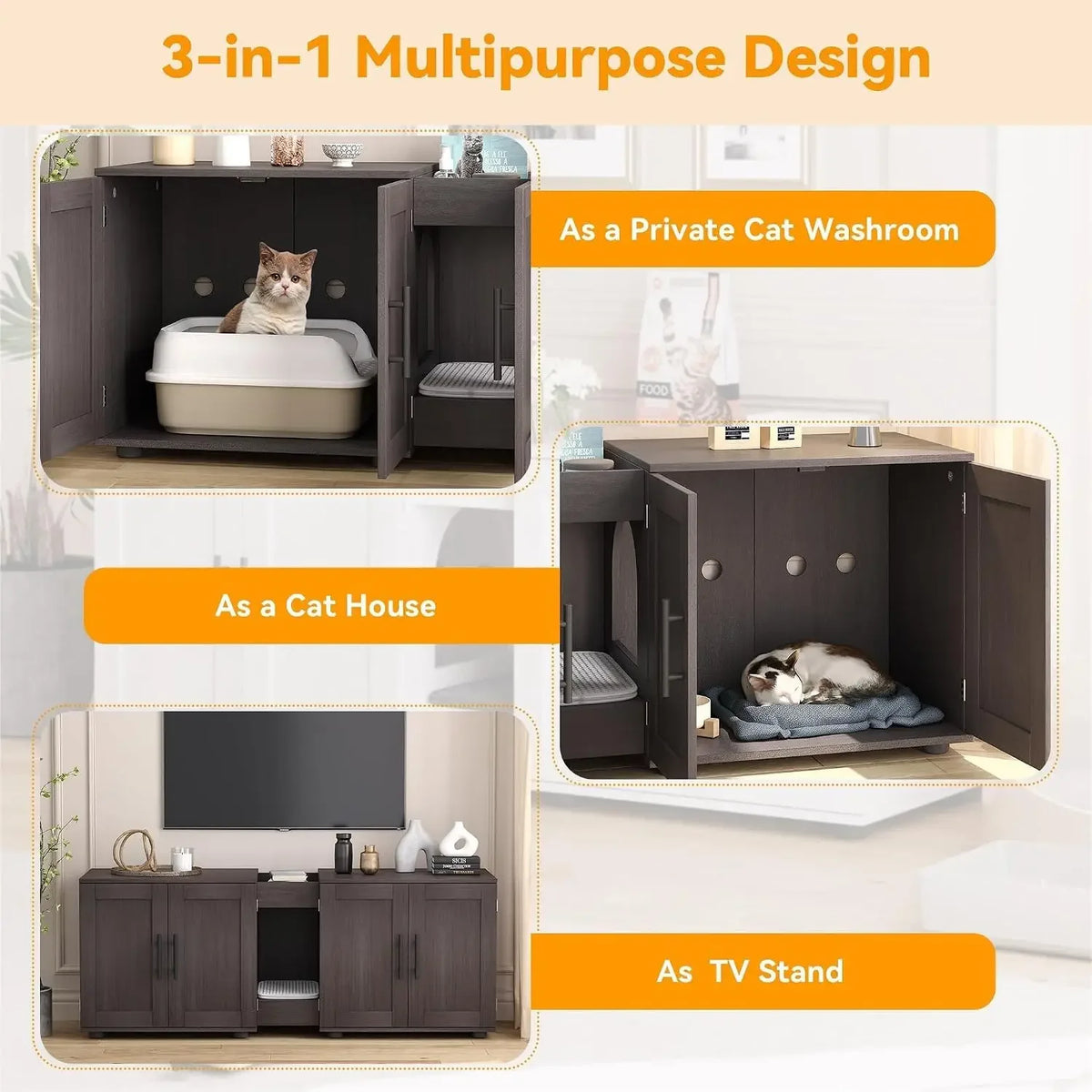 A 3-in-1 multipurpose wooden storage cabinet designed as a private cat washroom, cat house, and TV stand.