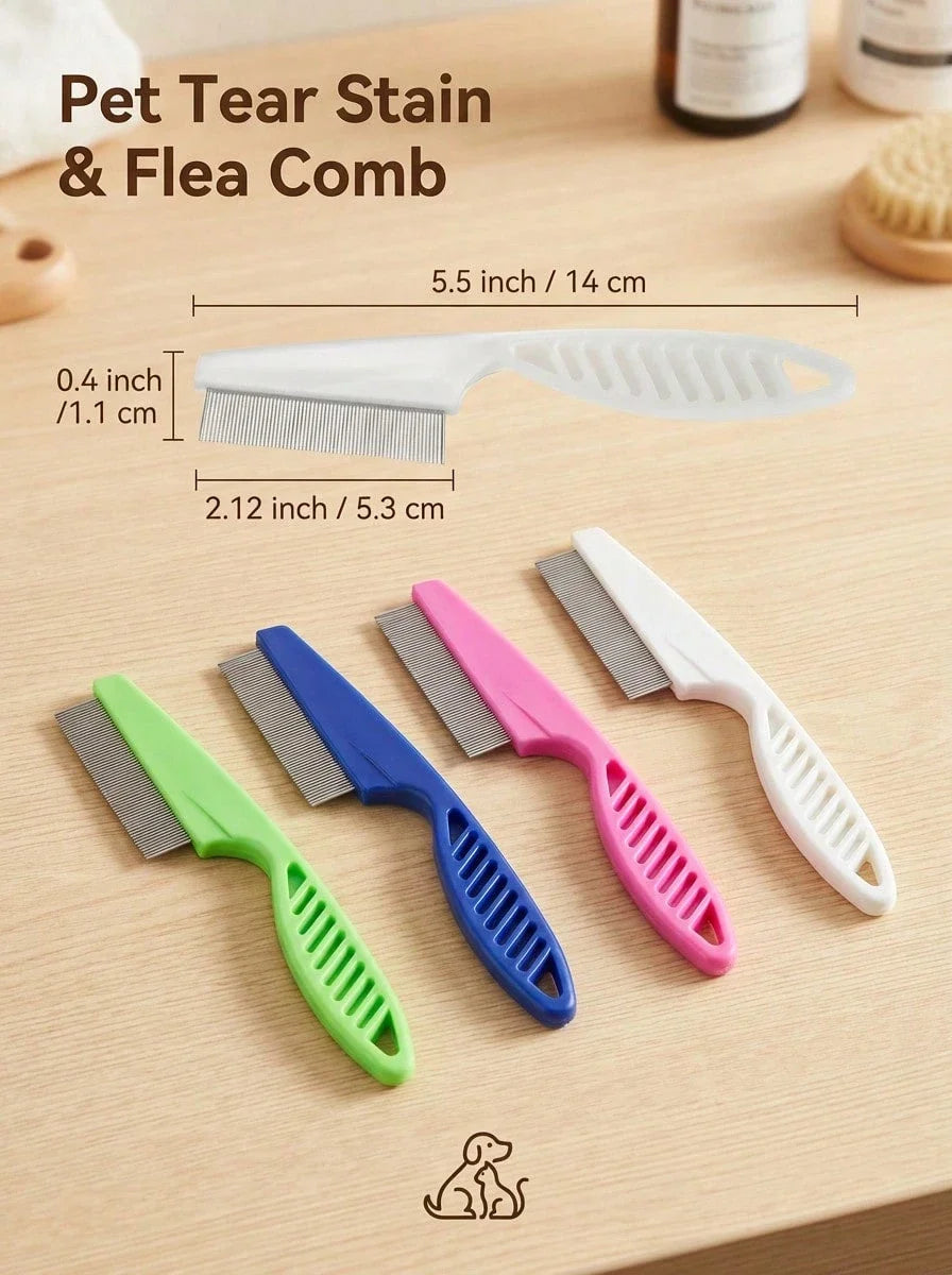 A collection of fine-toothed stainless steel pet grooming combs in various colors, including green, blue, pink, and white.