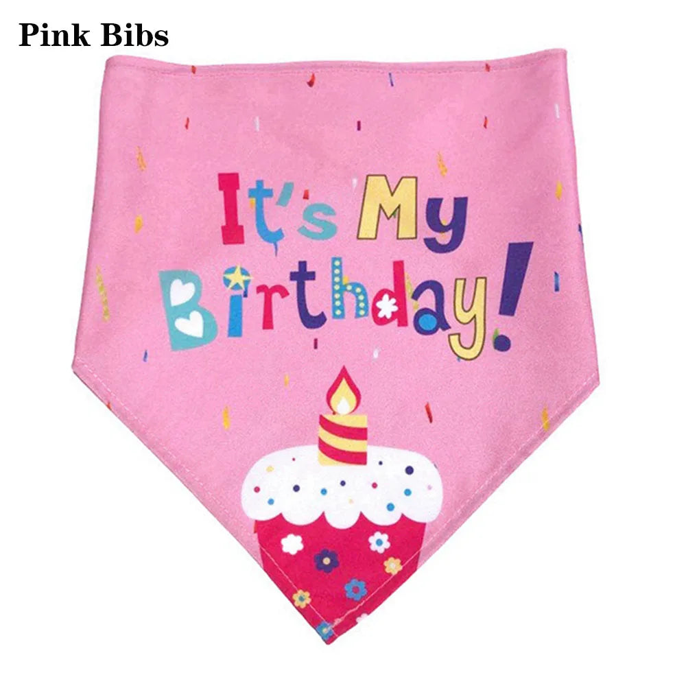 Pink bib with birthday text and a cupcake design for pets