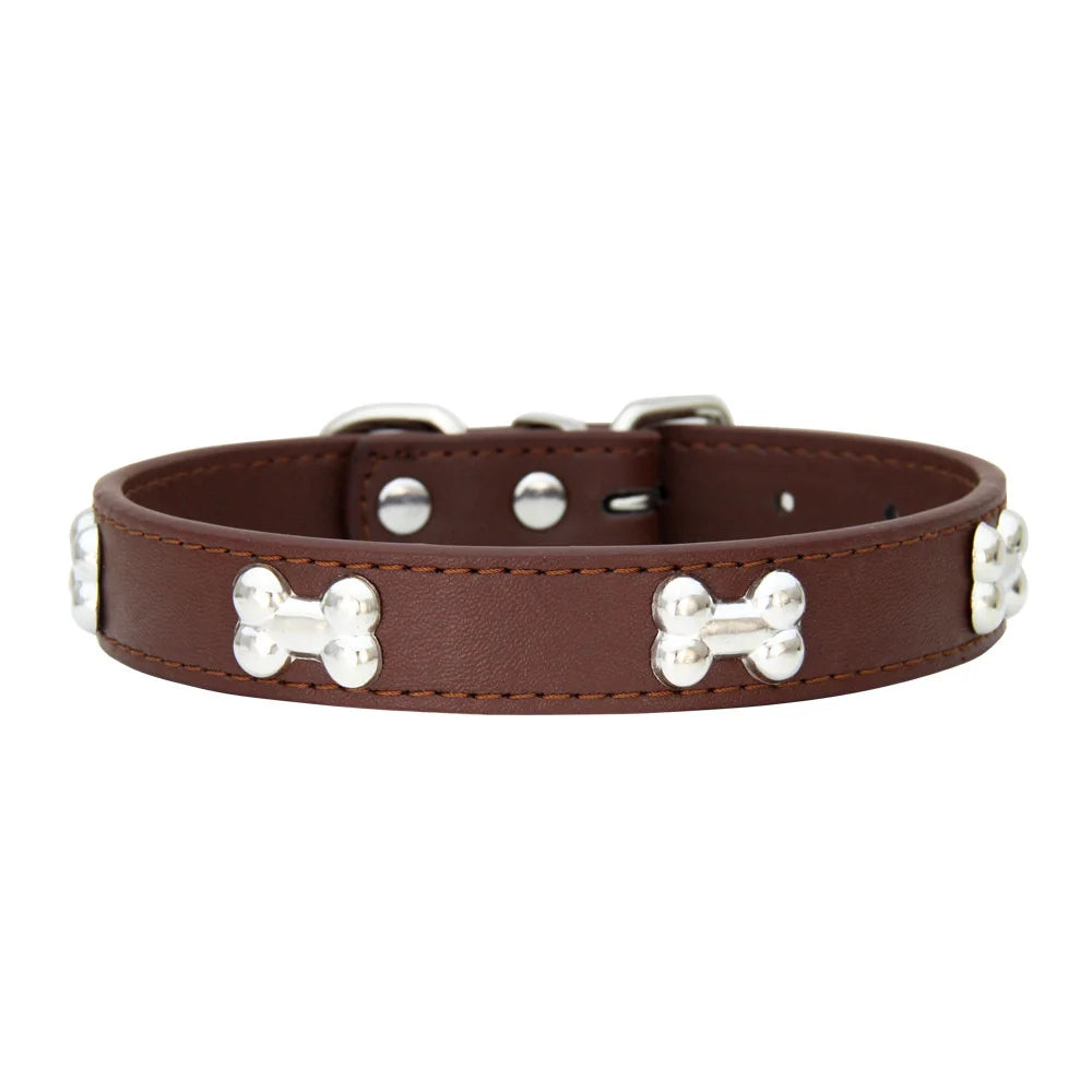 Brown leather dog collar with silver bone rivets and padded neck strap