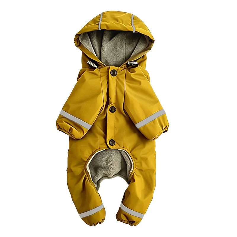 A yellow insulated hooded dog raincoat with reflective strips shown from the front.