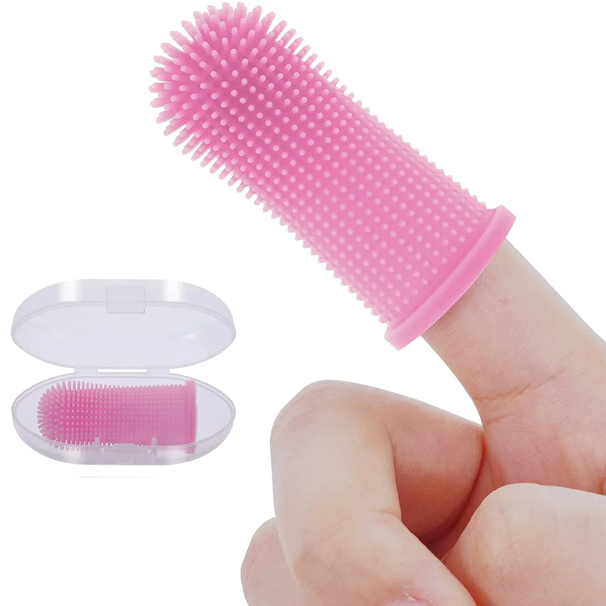 Brosse à dents pour chien en silicone rose avec poignée et tête amovible, tenue par une main.