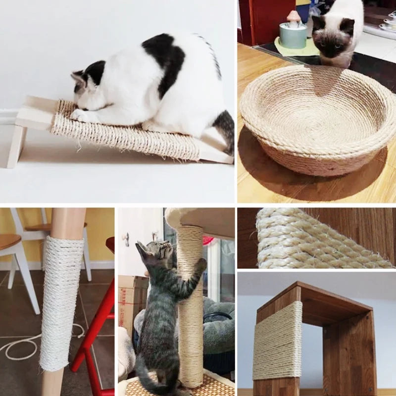 Eine weiße Katze ruht auf einem Sisal-Kratzbaum, gezeigt neben verschiedenen Sisal-Seileprodukten.