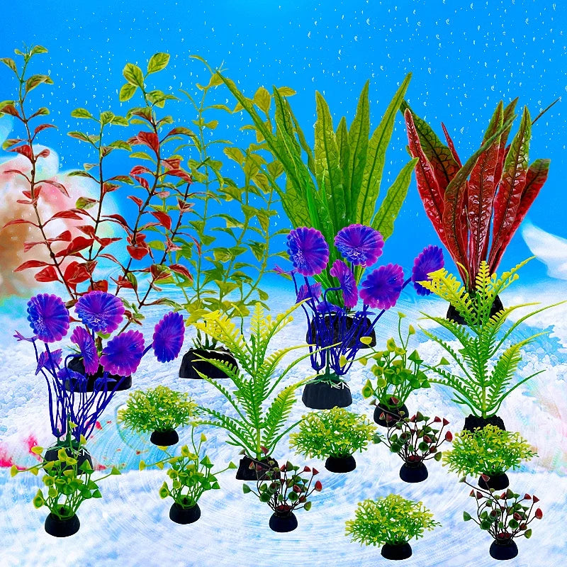 A vibrant set of 18 artificial aquarium plants in various shades of green, red, and purple displayed against a blue sky backg