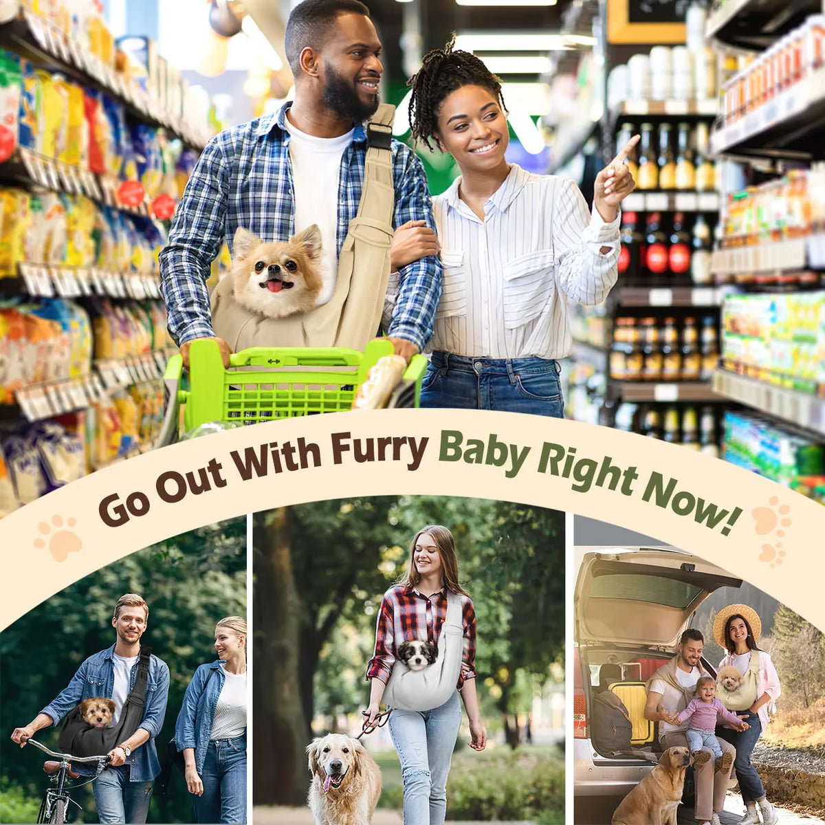 A man and woman smiling while carrying a dog in a reversible hands-free baby sling carrier.