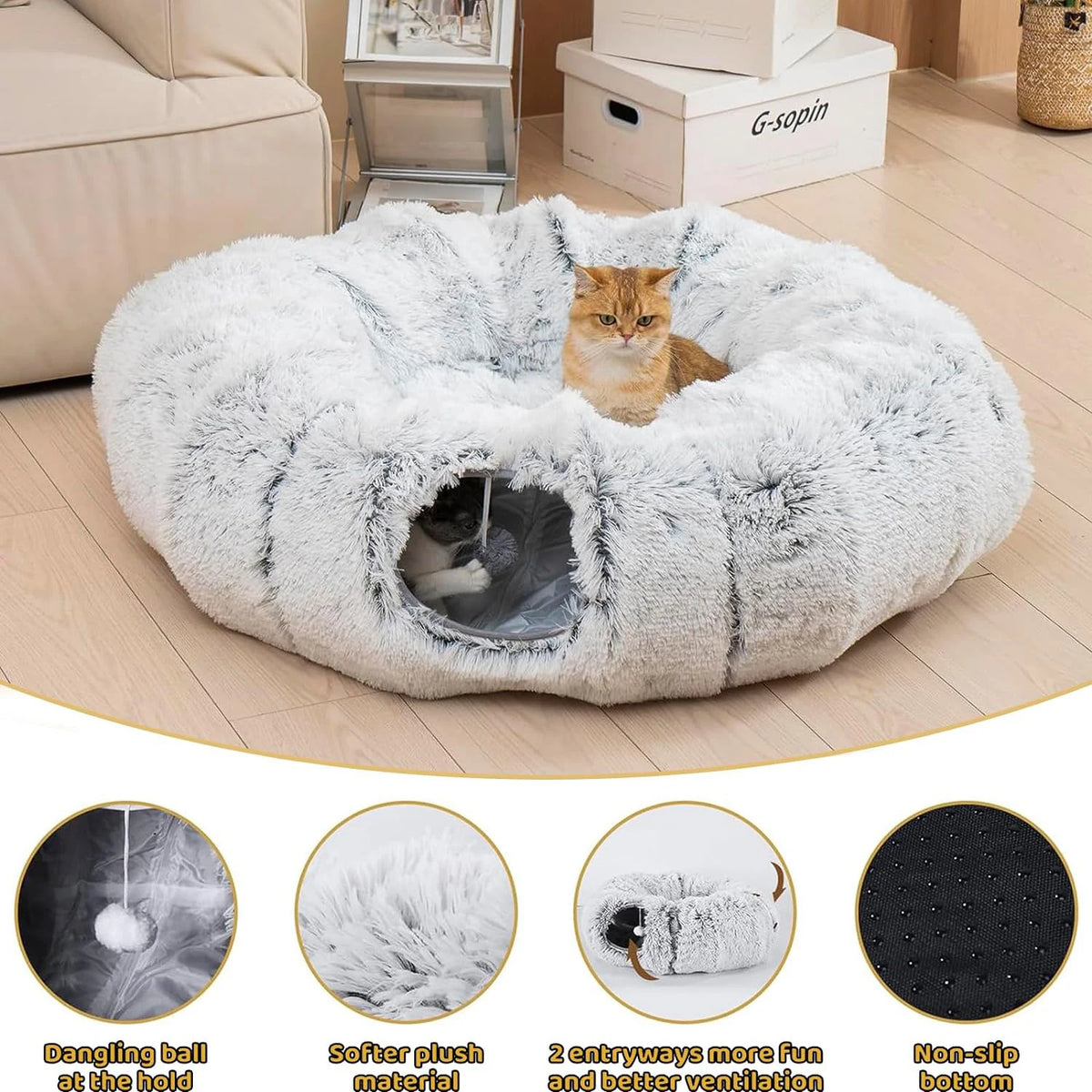 Fleece-Lined Cat Tunnel Bed with Removable Cover