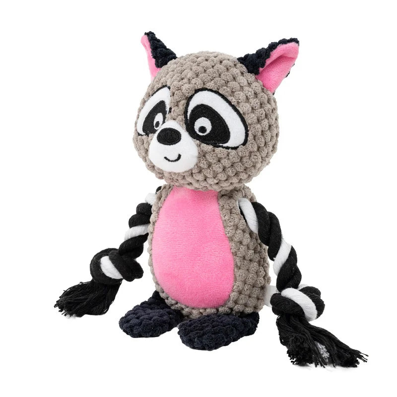 A plush toy of a panda bear with gray fur and pink accents.