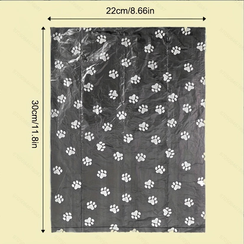A rectangular pack of biodegradable pet poop bags featuring a repeating paw print pattern.
