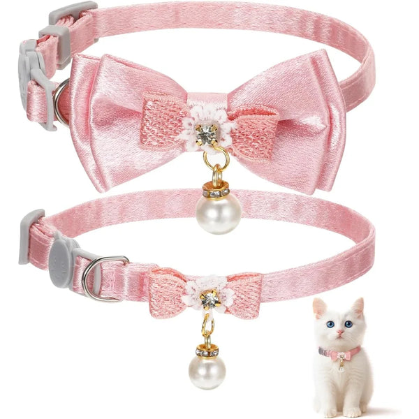 Adorable pink bow cat collar with breakaway safety buckle and pearl charm