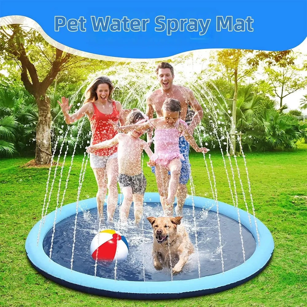 A family and a dog are enjoying water spray fun in a circular mat designed for outdoor summer play.