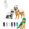 A collection of dinosaur skeleton pet costumes for dogs and cats, including a dog in a white skeleton costume and a cat in a 