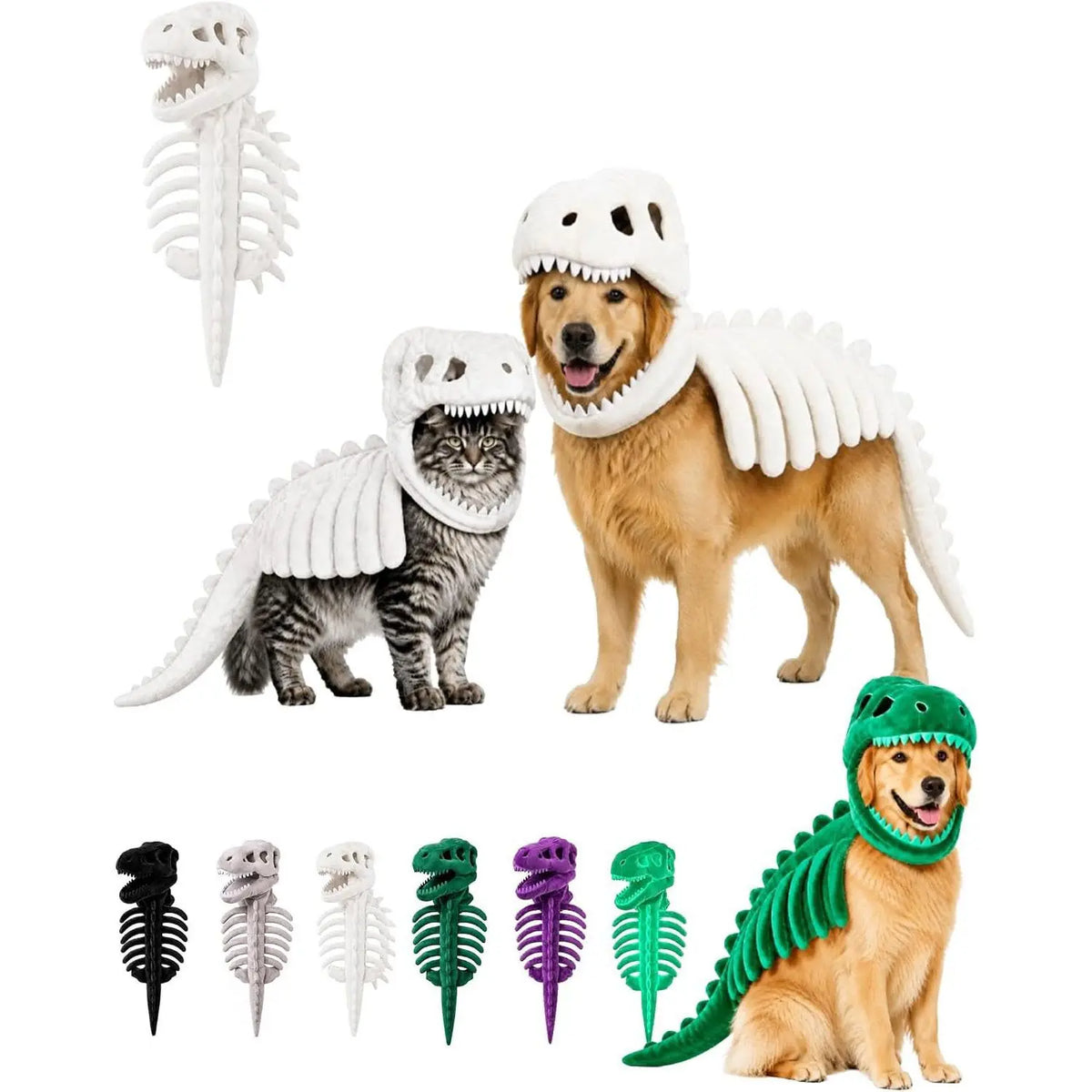 A collection of dinosaur skeleton pet costumes for dogs and cats, including a dog in a white skeleton costume and a cat in a 