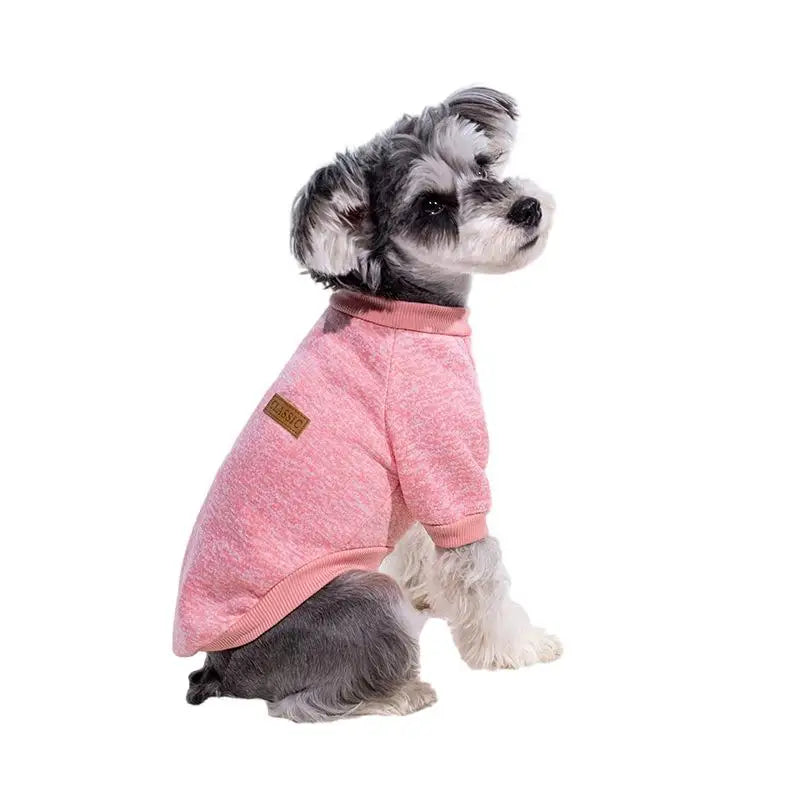 A small gray and white dog wearing a pink cozy winter jacket.