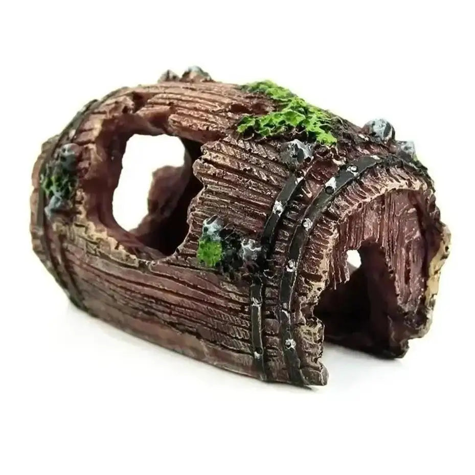 Rustic Resin Barrel Aquarium Ornament with Moss Accents