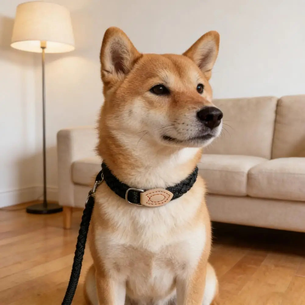 A light brown Shiba Inu dog sitting on a wooden floor looking to the right.