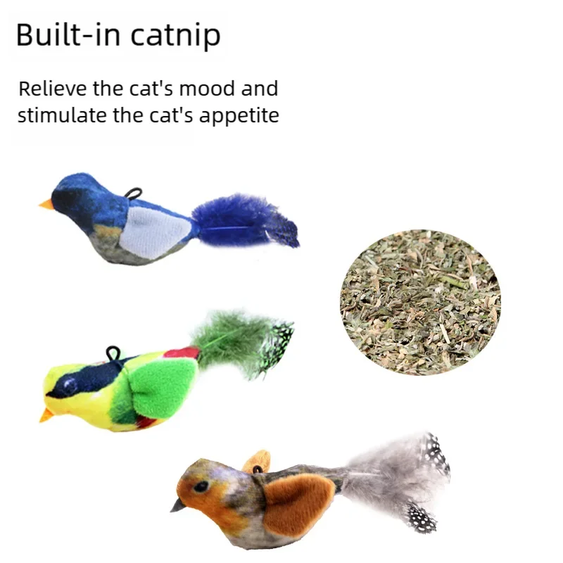 A collection of three catnip toys: a blue bird, a yellow bird, and a gray bird.