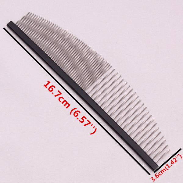 A black aluminum pet grooming comb with 16.7cm length and a 3.6cm handle shown diagonally.