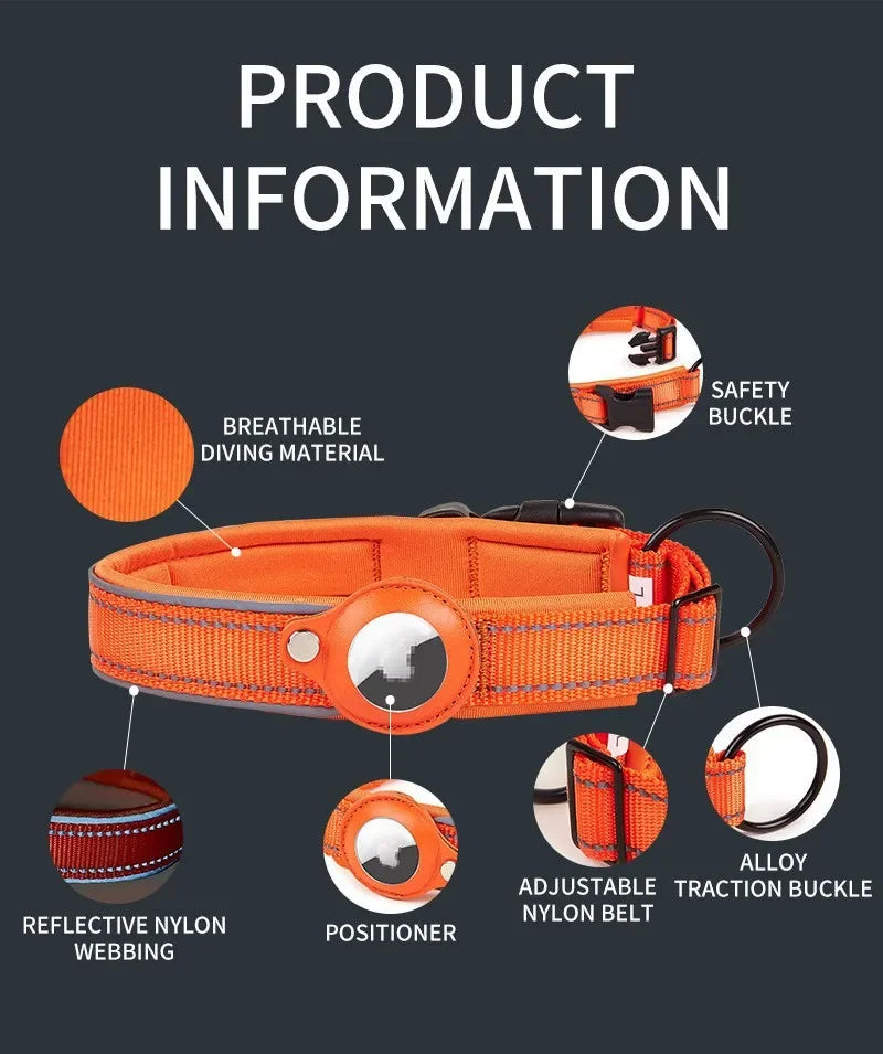 Orange breathable diving material dog collar featuring a safety buckle, positioner, and alloy traction buckle.
