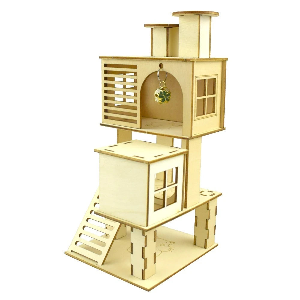 A wooden hamster playground set featuring a multi-level structure with a ladder, platform, and nesting area.