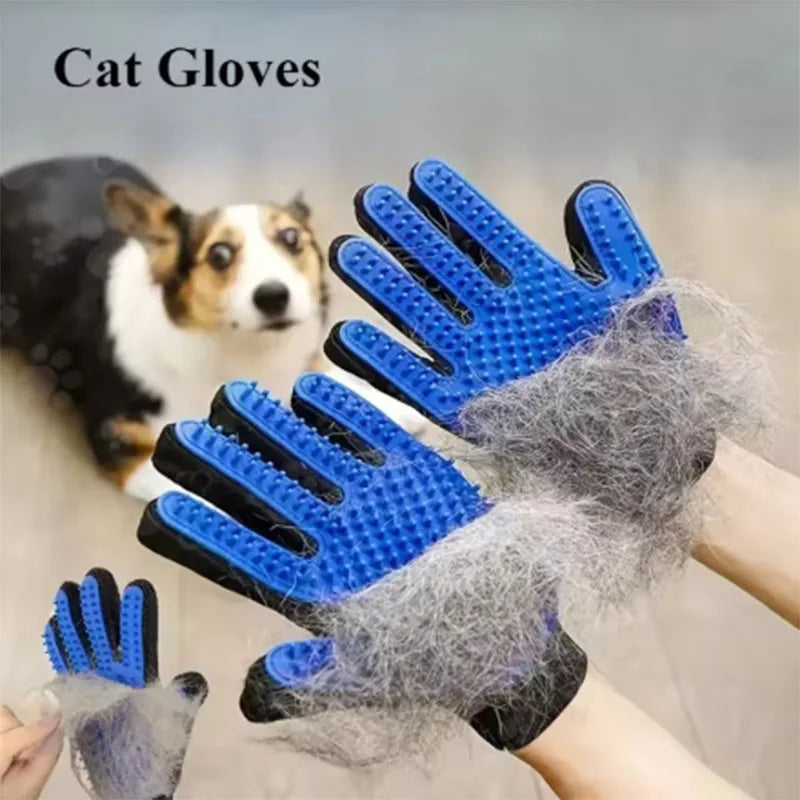 A hand wearing a blue silicone cat glove is shown with gray pet hair, demonstrating a grooming tool.