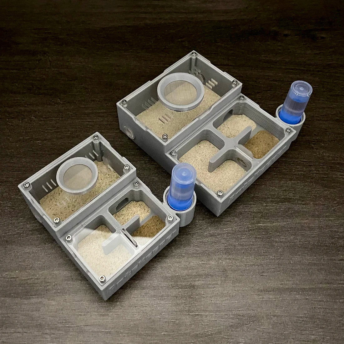 A gray plastic observation farm with four chambers containing sand and a blue liquid sample vial.