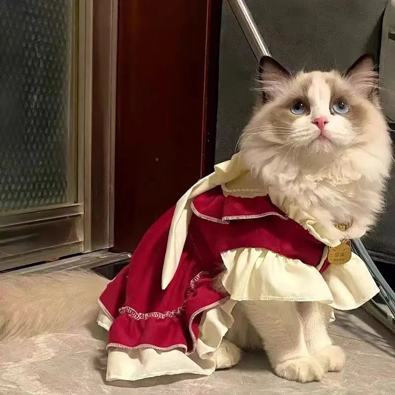Elegant Cotton Pet Dress with Bow for Small Dogs and Cats