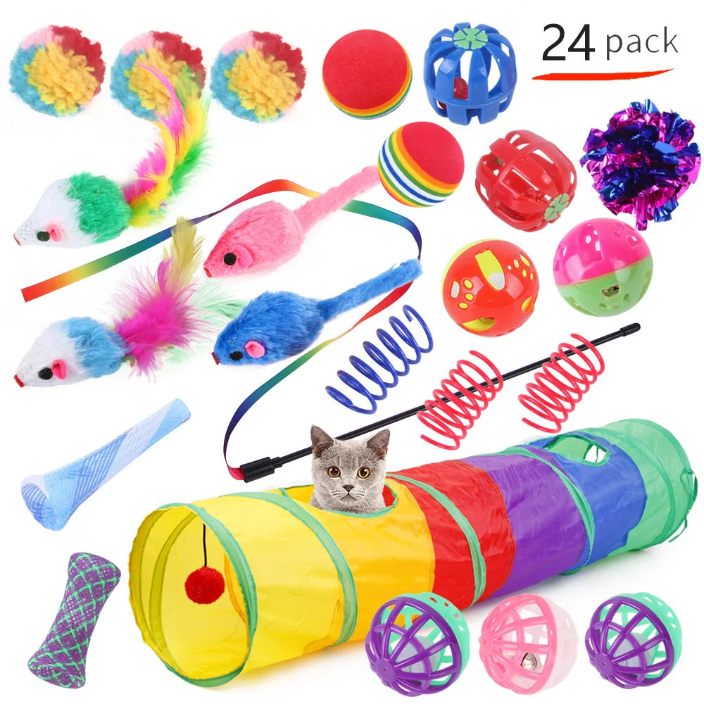 A variety pack of cat toys including a feather wand, sisal mice, and colorful ball toys.
