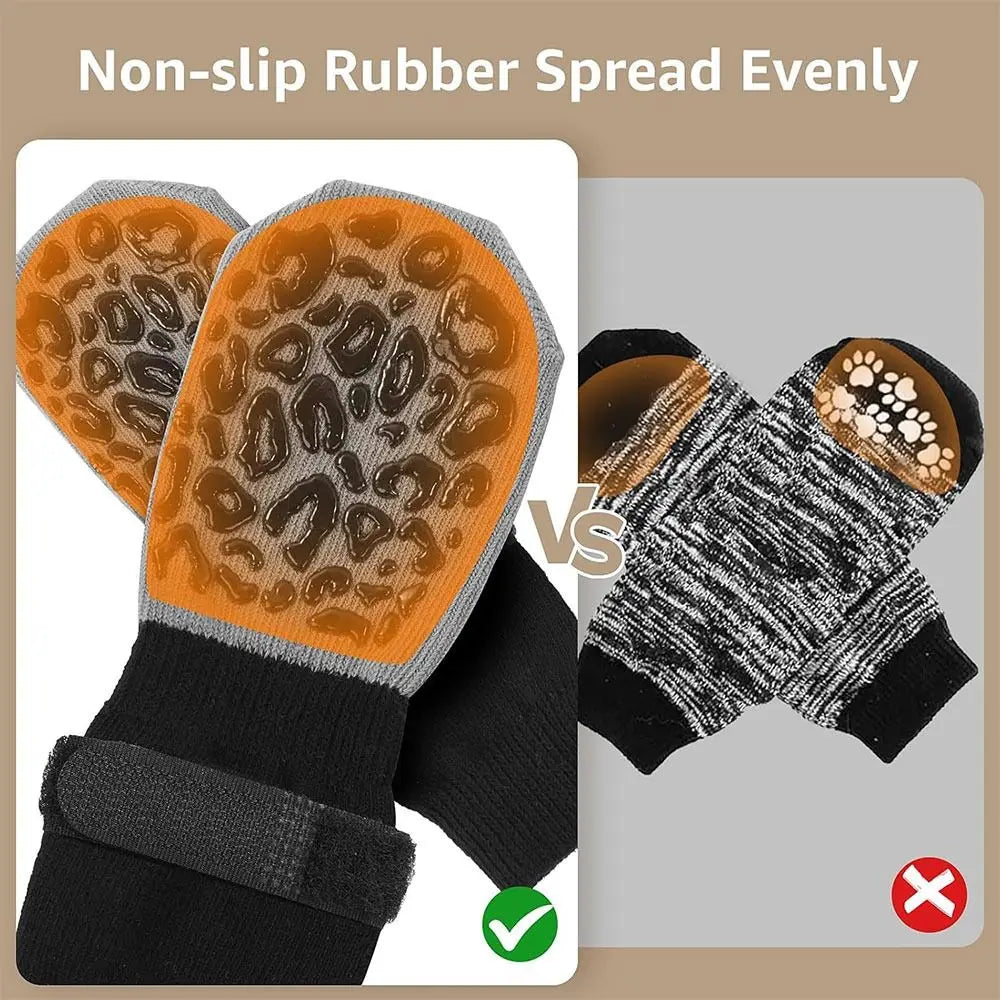Comparison of non-slip rubber spread evenly dog socks with adjustable grip in black and orange colors