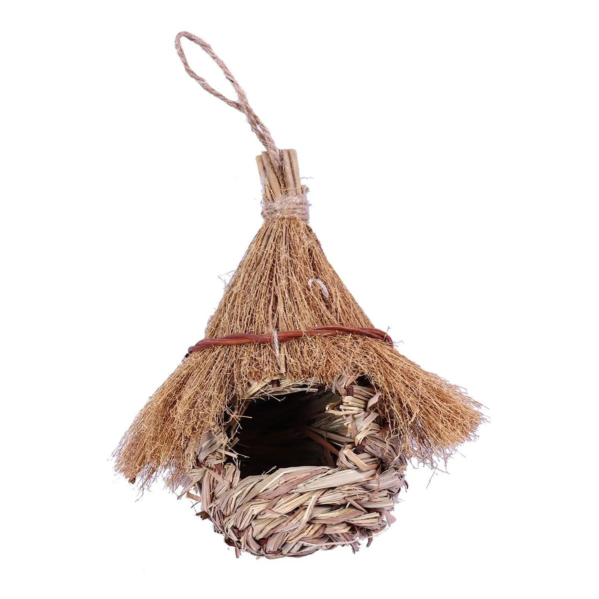 Hand-woven grass bird house with a woven entrance and hanging twine