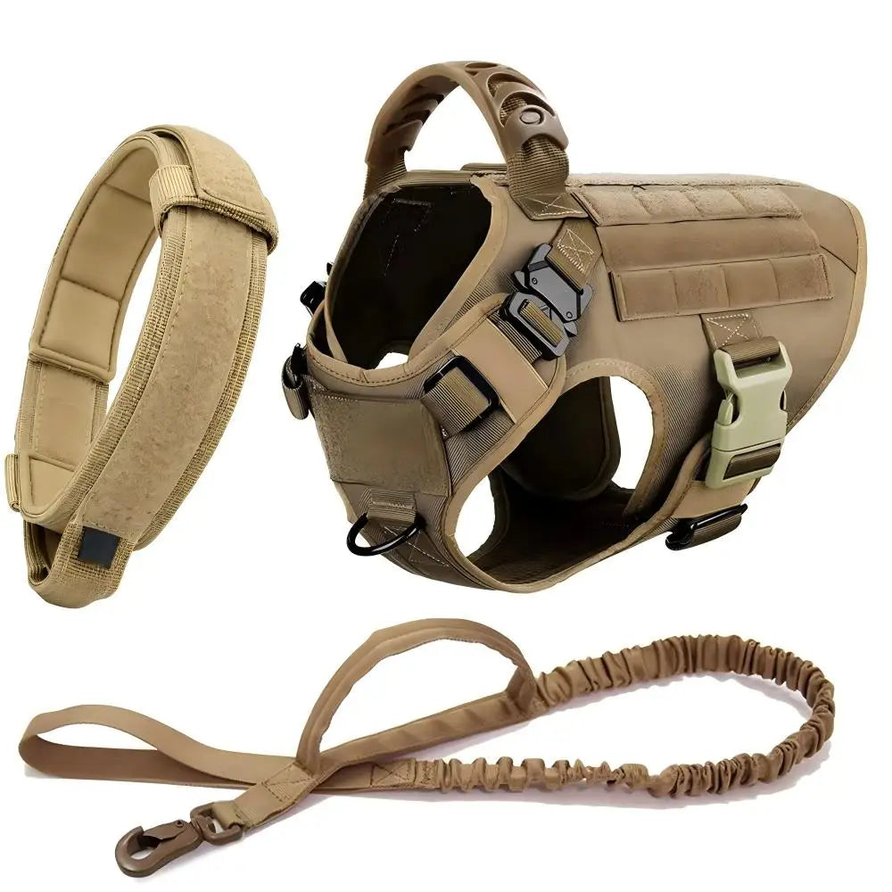 A tan tactical dog harness with a MOLLE system and leash attachments shown in various views.