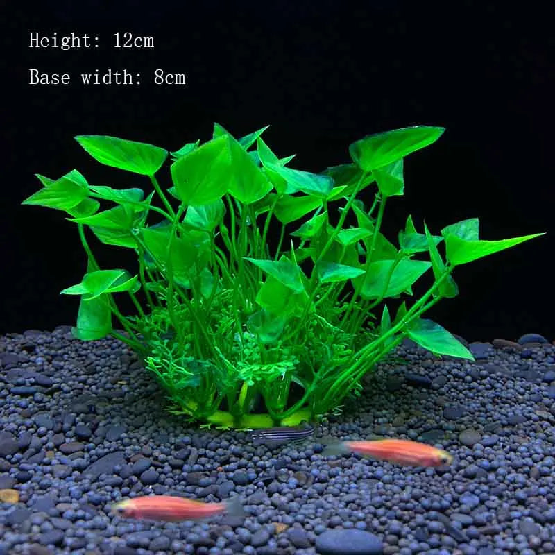 A vibrant green artificial aquarium plant with a 12cm height and 8cm base width is shown on dark gravel.