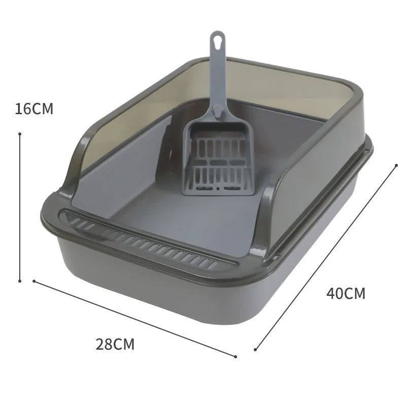 A gray semi-enclosed splashproof cat litter box with a scoop, shown from above.
