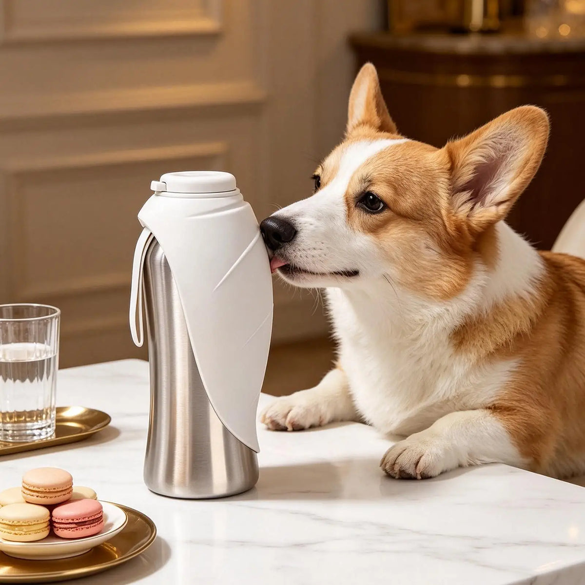 A light brown and white dog is looking at a stainless steel portable water bottle with a built-in bowl on a marble surface.