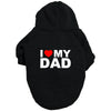 Black hoodie with red text that says I love my dad on the front