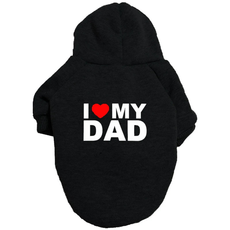 Black hoodie with red text that says I love my dad on the front
