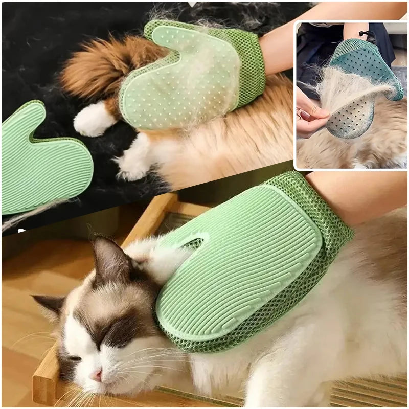 A green double-sided pet grooming glove is shown being used on a cat and a dog.