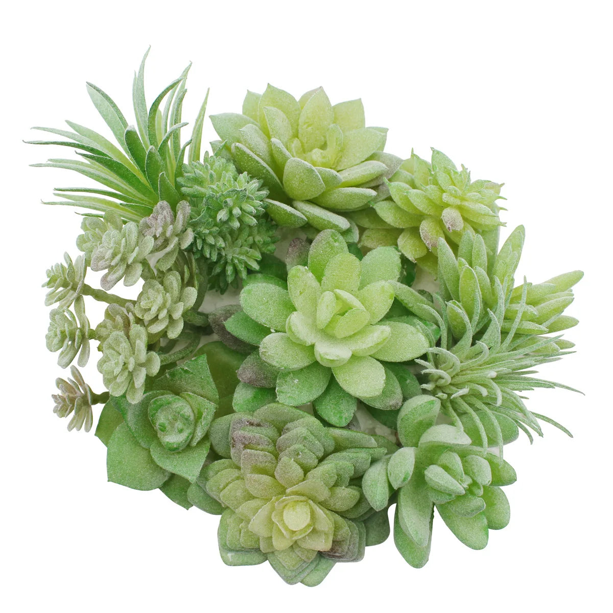A cluster of green flocked artificial succulent plants with various textures and shapes.